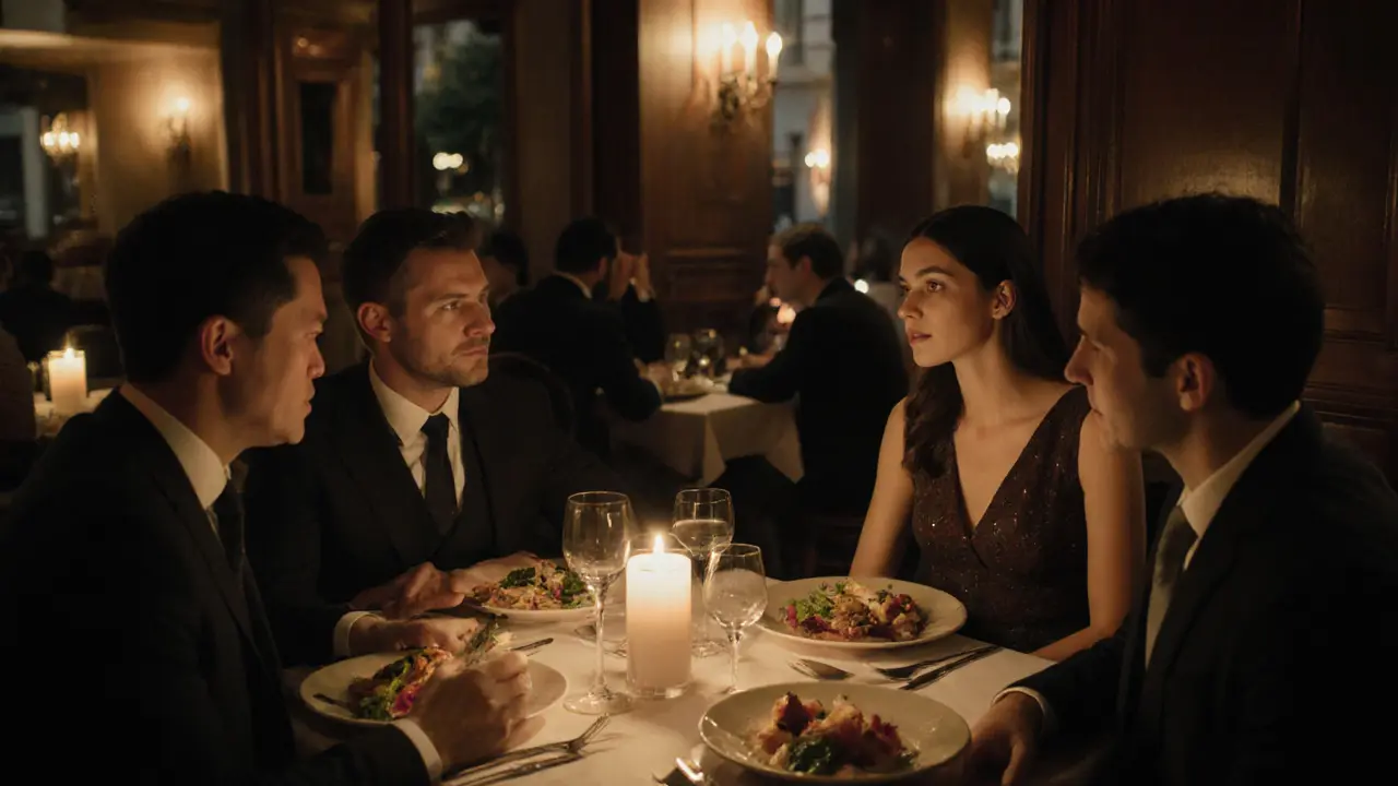 A diverse group of clients shares dinner and conversation with a companion at a Parisian bistro, cultural connection evident.