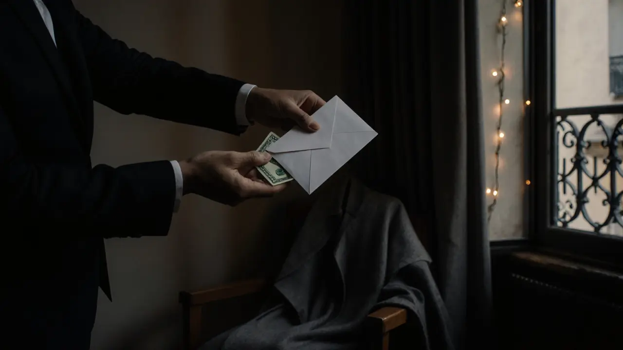 A hand offering cash discreetly in a softly lit hotel room.