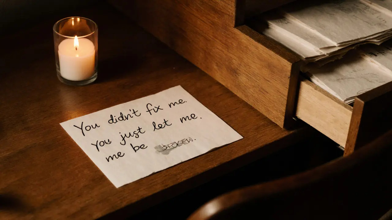 A handwritten note on a wooden desk reads &#039;You just let me be broken.&#039;