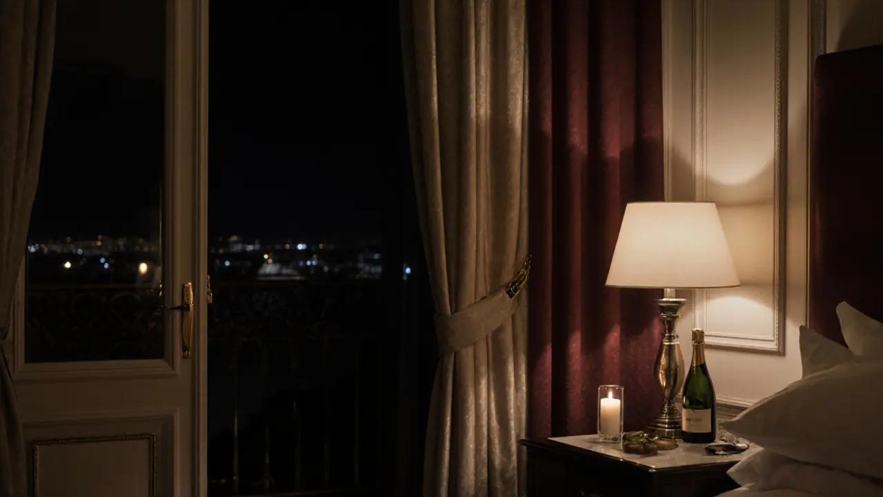 A luxurious hotel suite at night with blackout curtains and a single candle, symbolizing privacy.