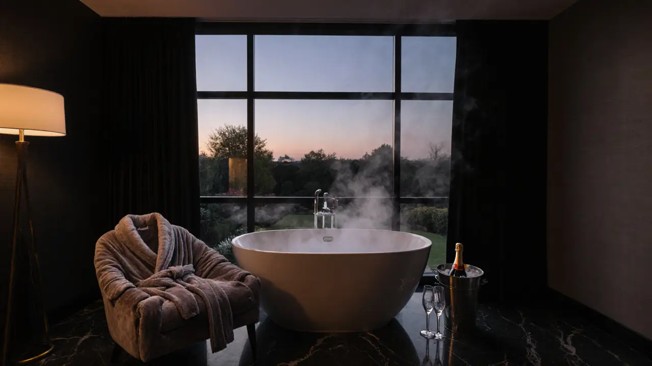 A luxurious hotel suite with a steaming bathtub, champagne, and blackout curtains overlooking a private garden.