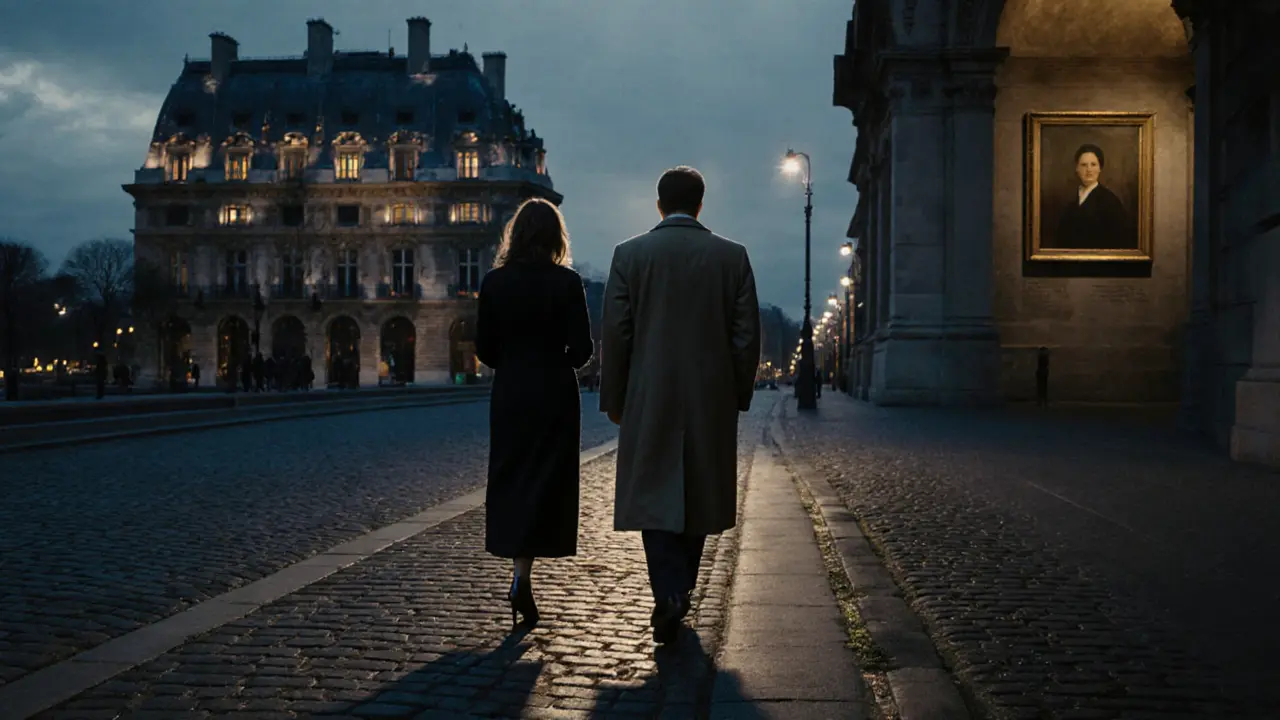A man and woman walking side by side in twilight near the Musée d’Orsay, shadows long on cobblestones.