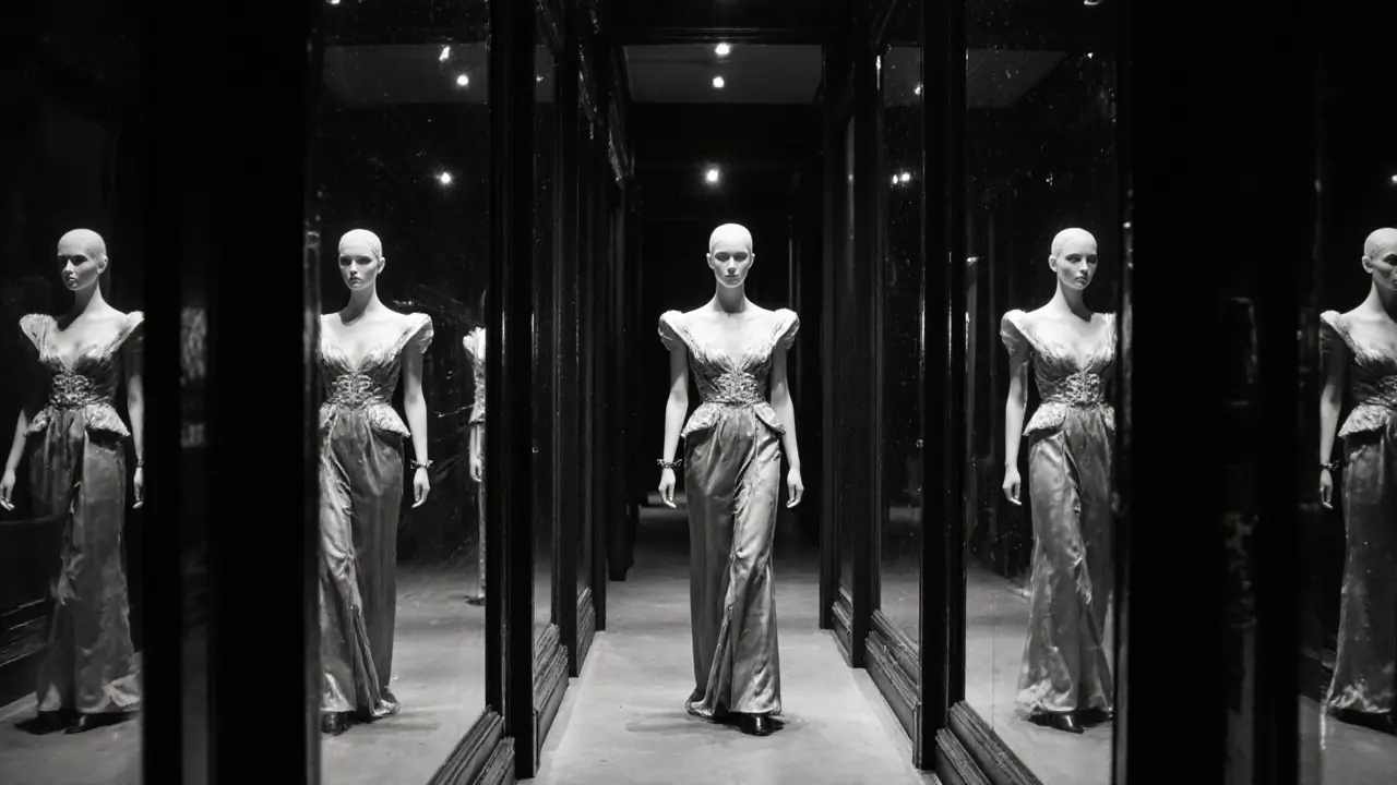 A mirrored hallway in a Paris atelier showing fading reflections of a woman in different haute couture outfits.