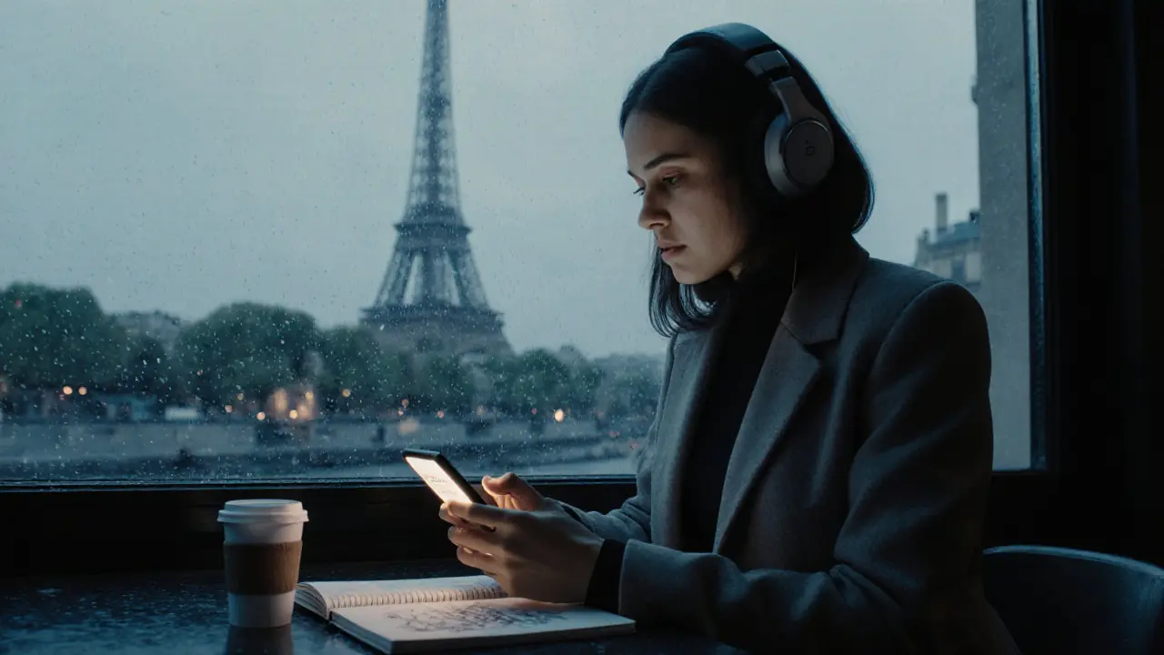 A modern escort sits alone at a Paris café at dusk, smartphone lit, rain streaking the window behind her.