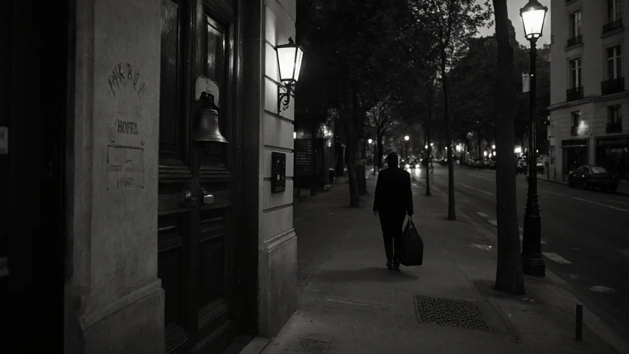 A modest, unmarked hotel entrance on a quiet Parisian street at twilight, with no tourists in sight.