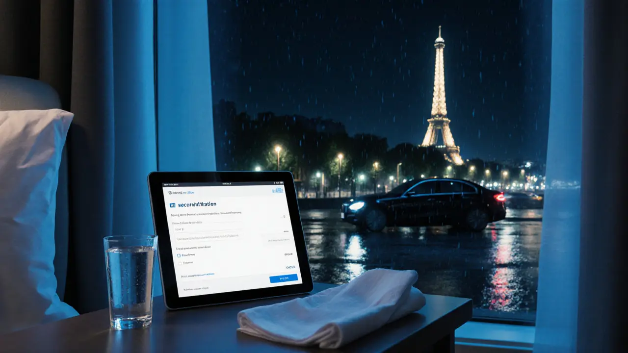 A secure booking tablet on a hotel nightstand with the Eiffel Tower visible outside, symbolizing discreet service.