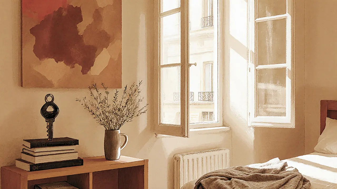 A small studio apartment with painted walls, a car key, and poetry books on a bookshelf.