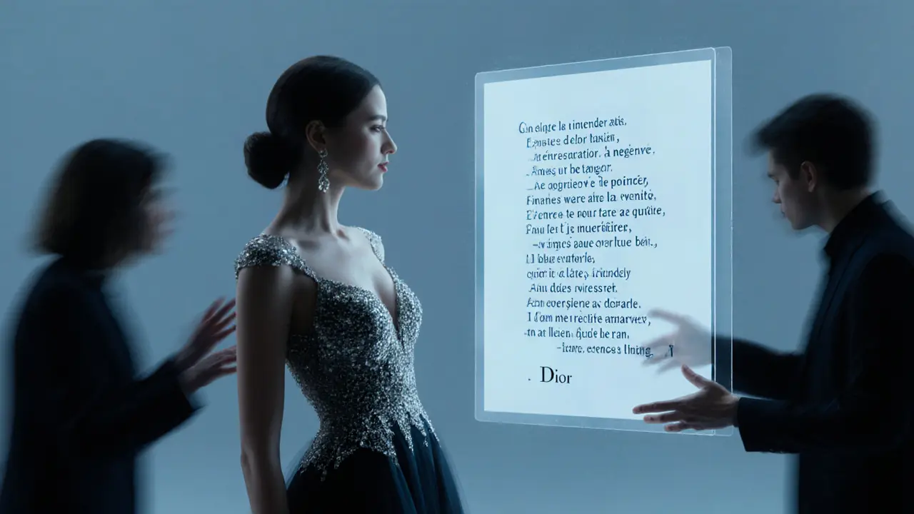 A woman in a Dior gown beside a glowing screen of French poetry, shadowy figures reaching out, blending culture, art, and digital illusion.