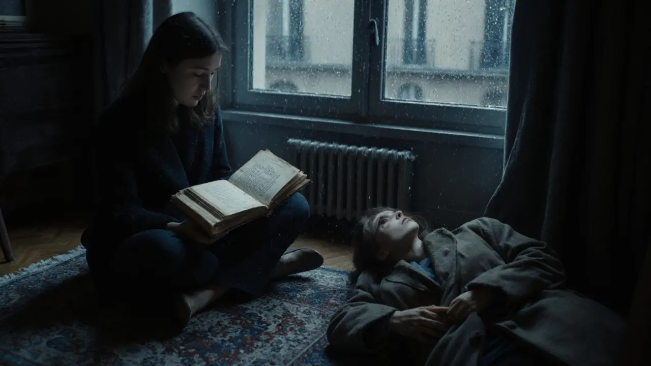A woman reads poetry aloud to a grieving visitor in a rain-streaked Paris flat.