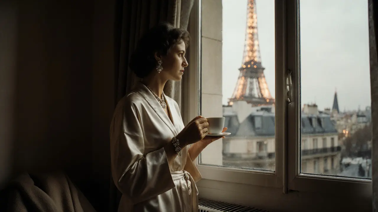 A woman stands by a window in a Paris apartment, gazing at the Eiffel Tower, tea in hand, a coat draped nearby.