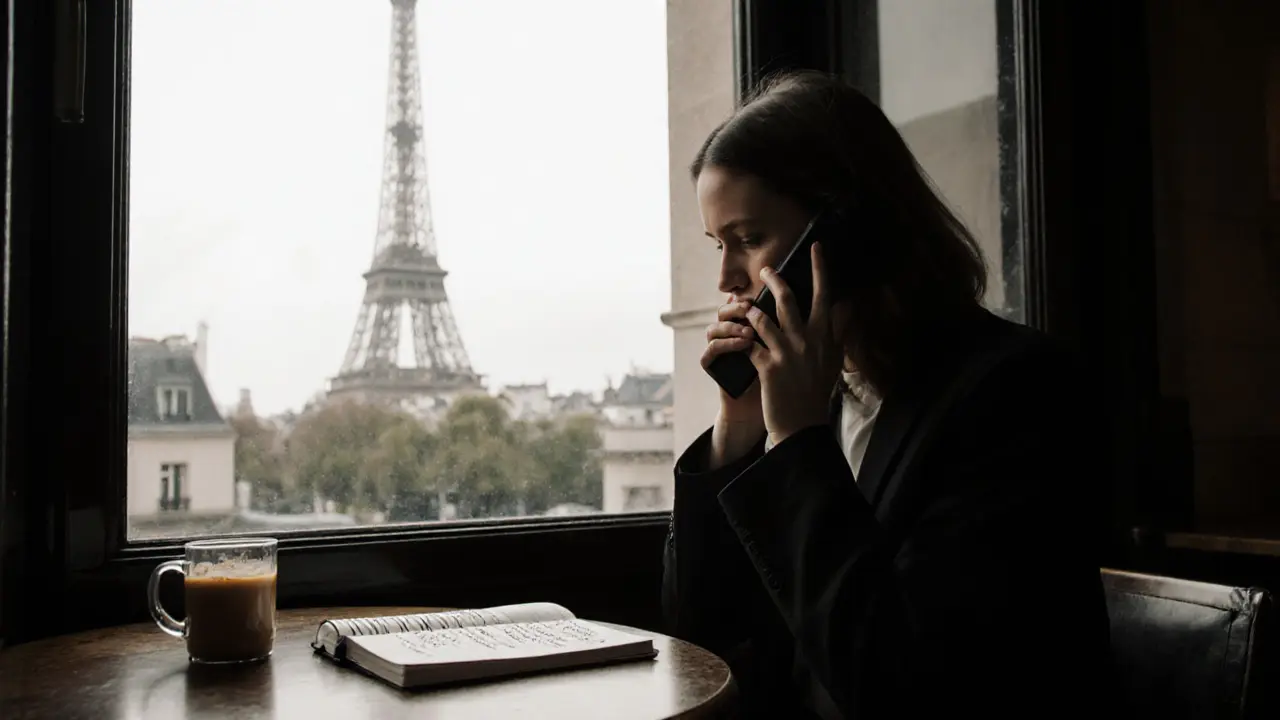 A woman types on a burner phone at a Paris café, safety notes visible in her notebook.