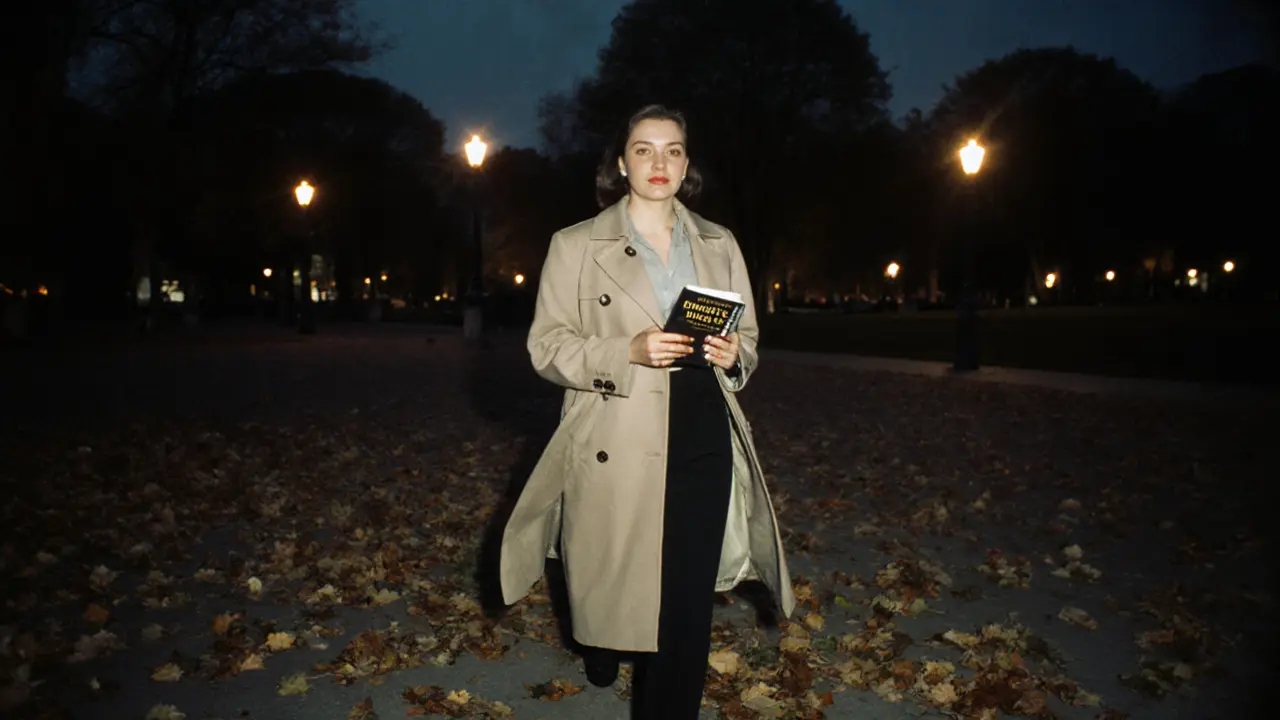 A woman walking through Luxembourg Gardens at dusk, holding a French novel, autumn leaves swirling around her in a cinematic mood.