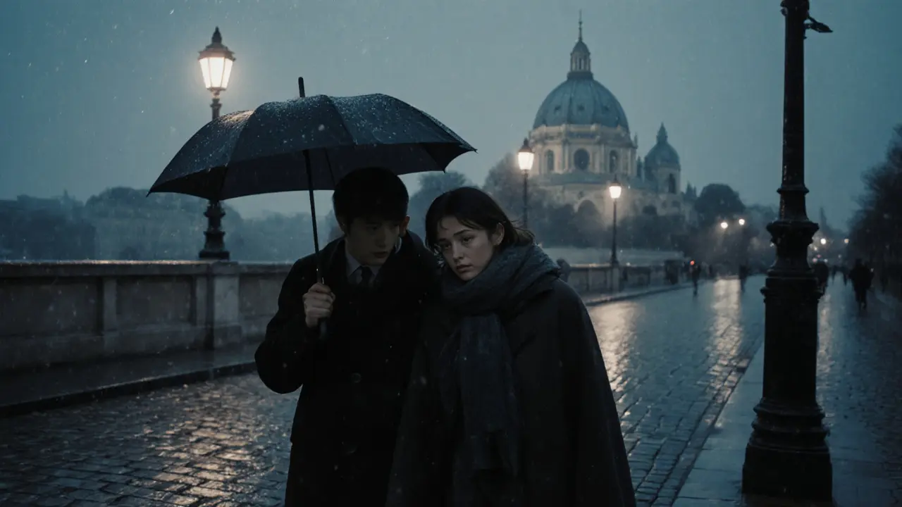 A woman whispers to a man in the rain as they walk through Montmartre at dusk.