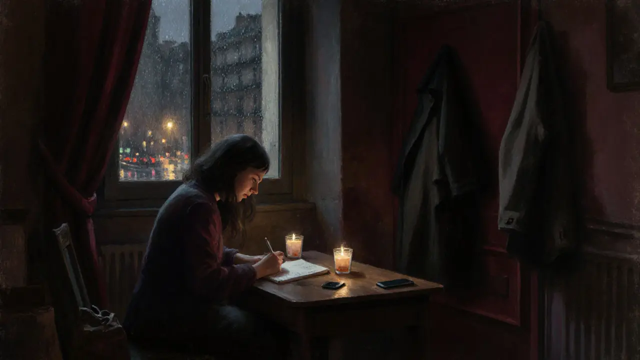 A woman writing by candlelight in a quiet Paris apartment, coat hanging by the door, rain on the window.