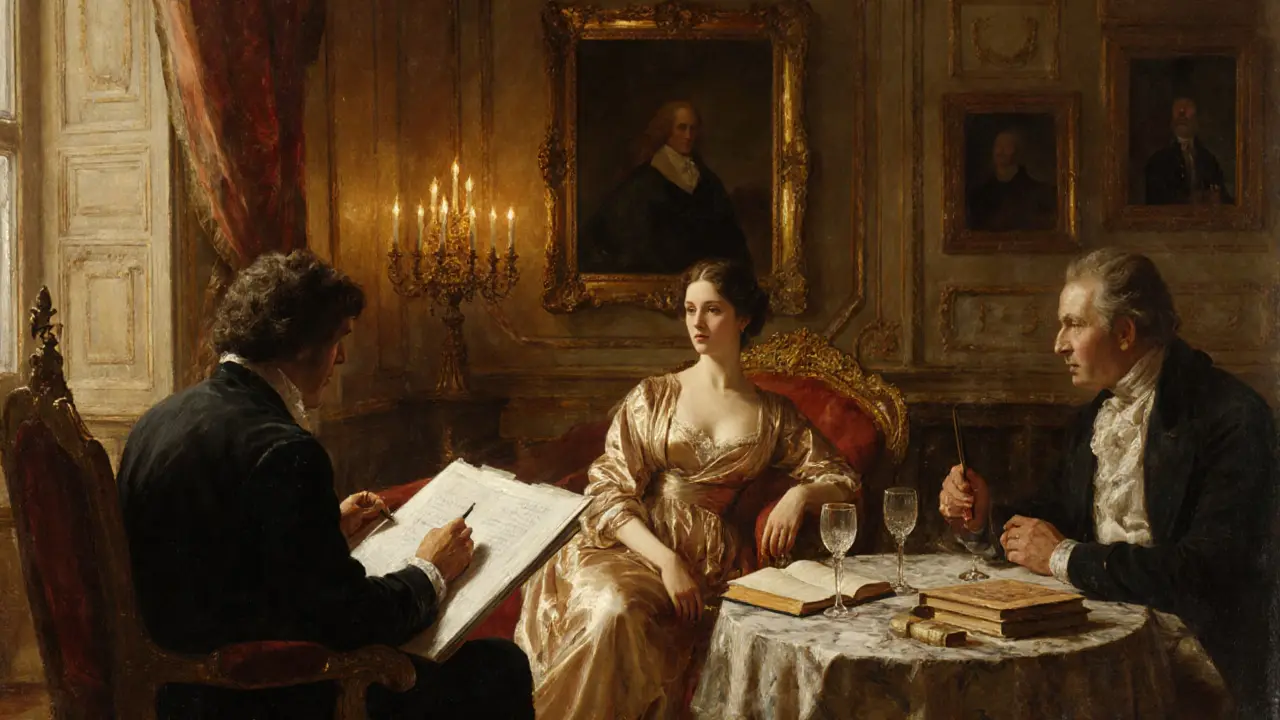 An 18th-century courtesan converses with nobles in a candlelit Parisian salon, surrounded by art and books.