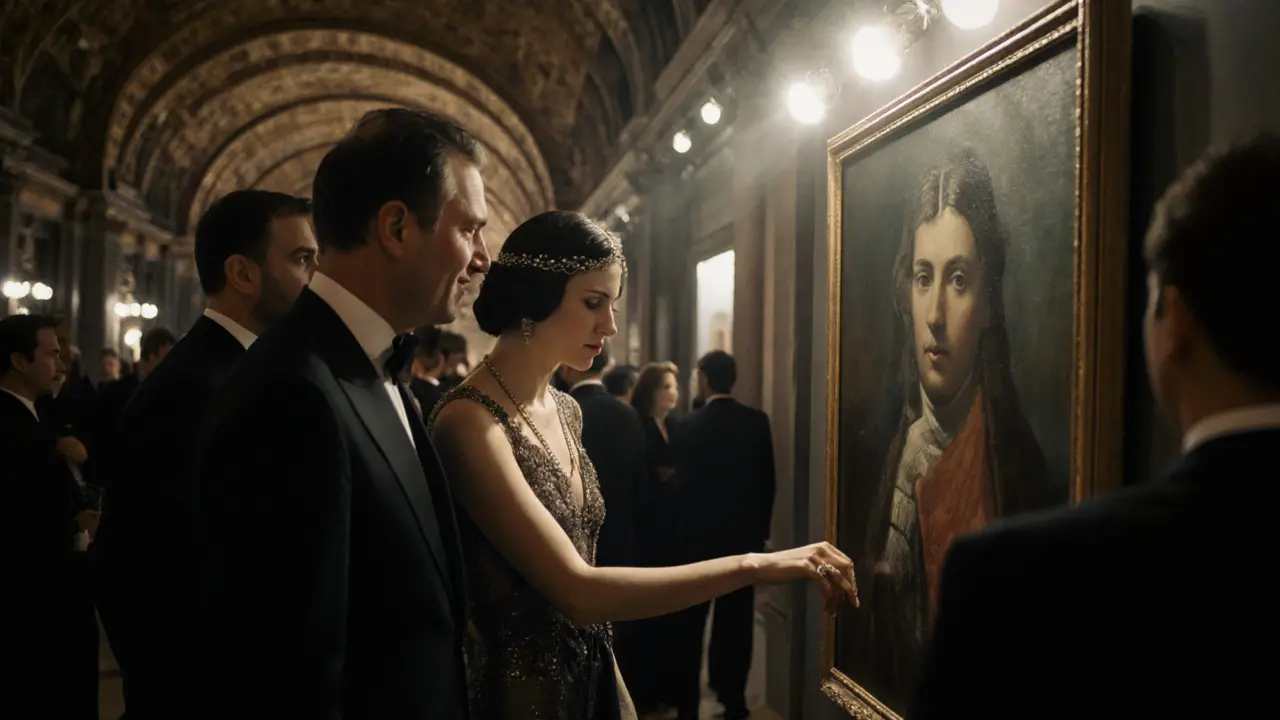 An escort guides two art collectors at a private auction in the Grand Palais, the painting the focus of their attention.