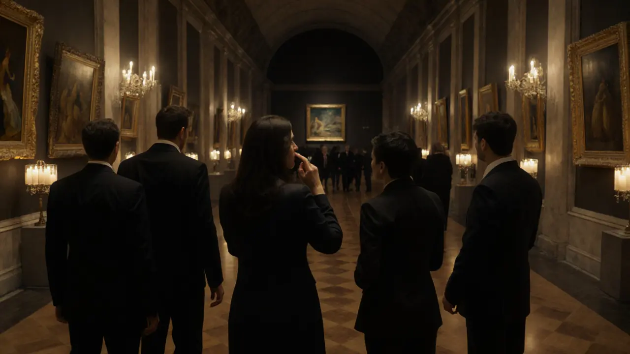An escort guiding business travelers through the empty Musée d’Orsay after hours, discussing art in low light.