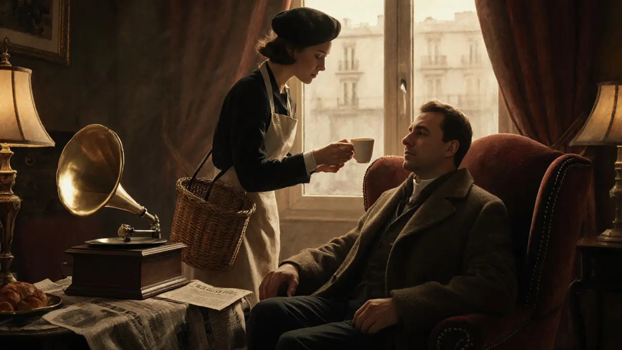 An escort in 1950s attire serves coffee to a man listening to vintage music.