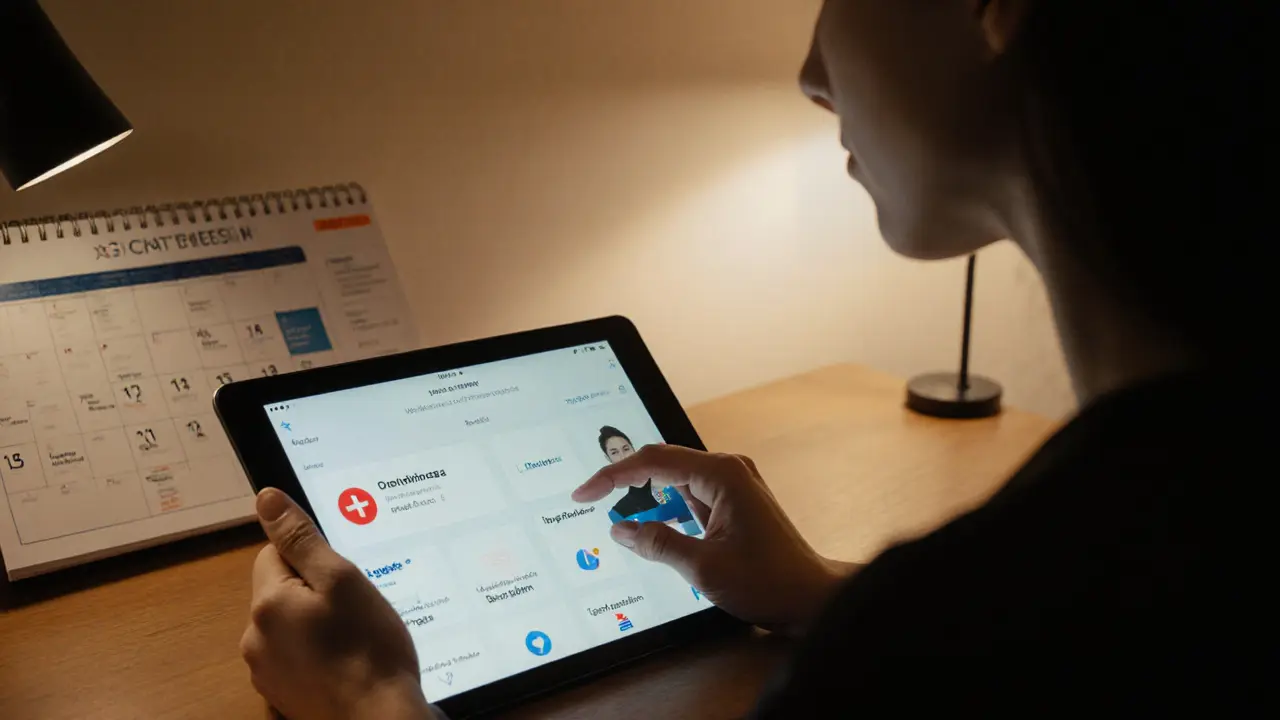 An escort using a safety app on a tablet showing live location sharing and AI threat alerts in a quiet Paris room.