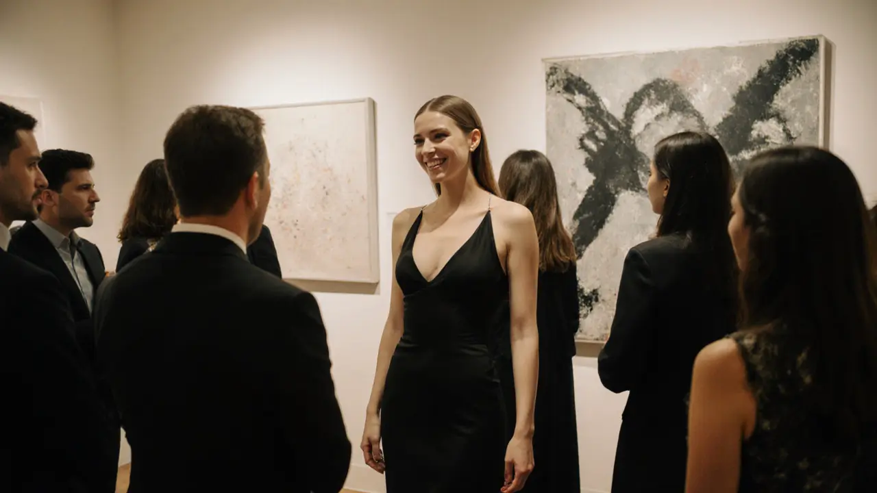 An event escort engaging in polite conversation at an art gallery opening in Montmartre, dressed elegantly among guests.