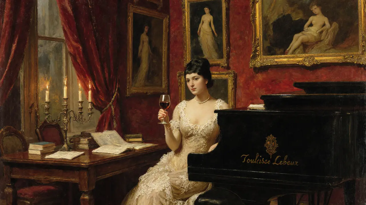 An intimate 19th-century Parisian salon with a woman in lace gown near a piano, oil paintings and candlelight creating a mood of cultured elegance.