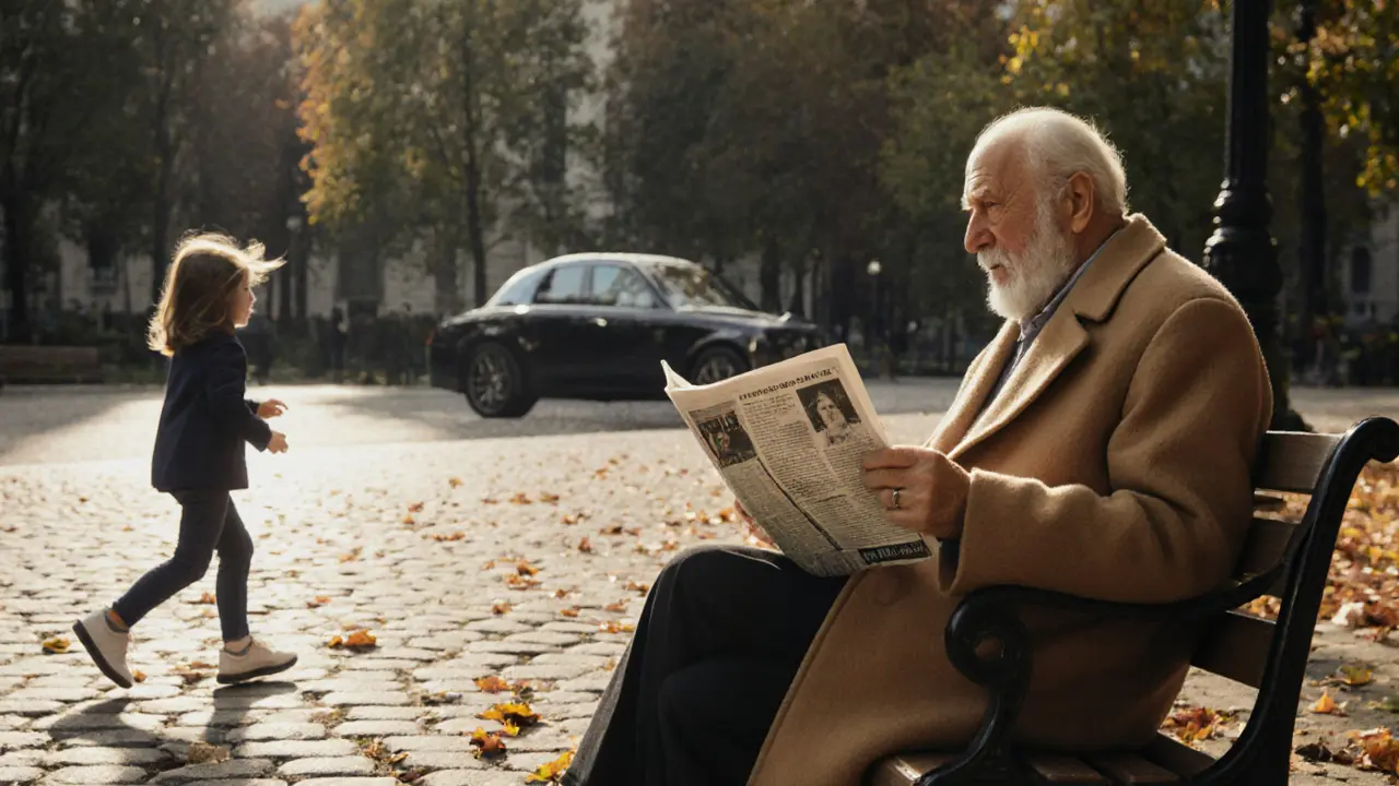 An older escort sits alone on a bench in Luxembourg Garden at dawn, autumn leaves falling around her.