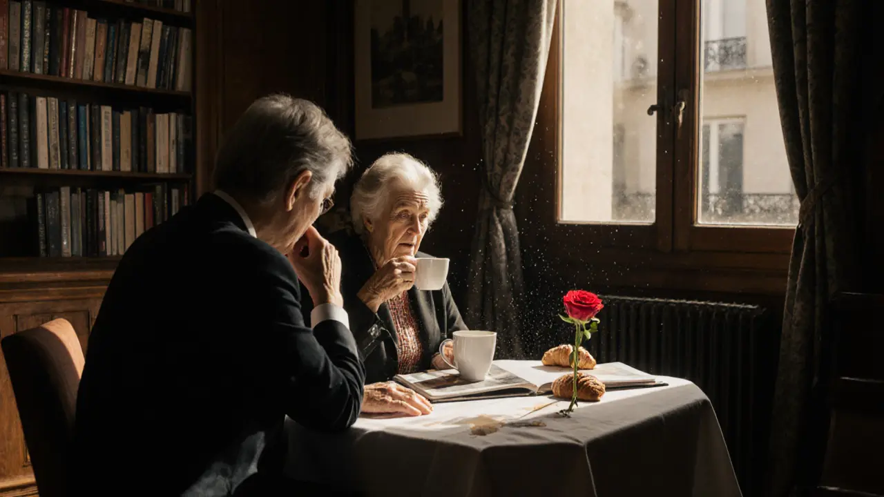 An older woman and her escort share coffee and a photo album in a sunlit Paris apartment, a rose and croissant on the table.