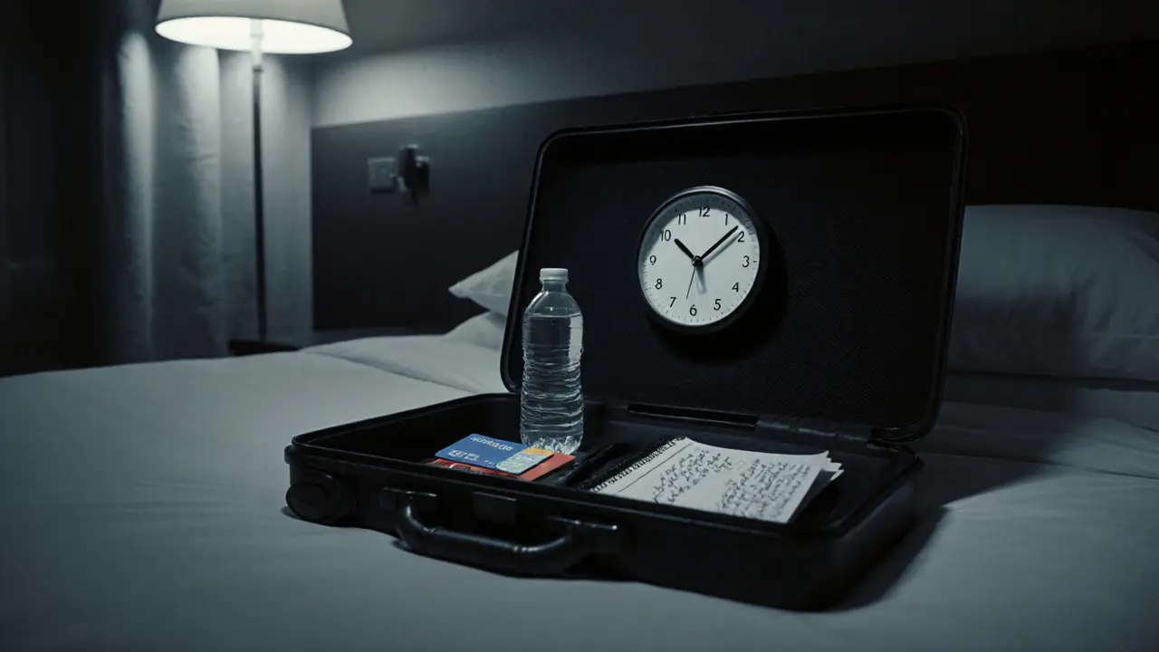 An unoccupied hotel room with a suitcase open, showing safety items and handwritten notes.