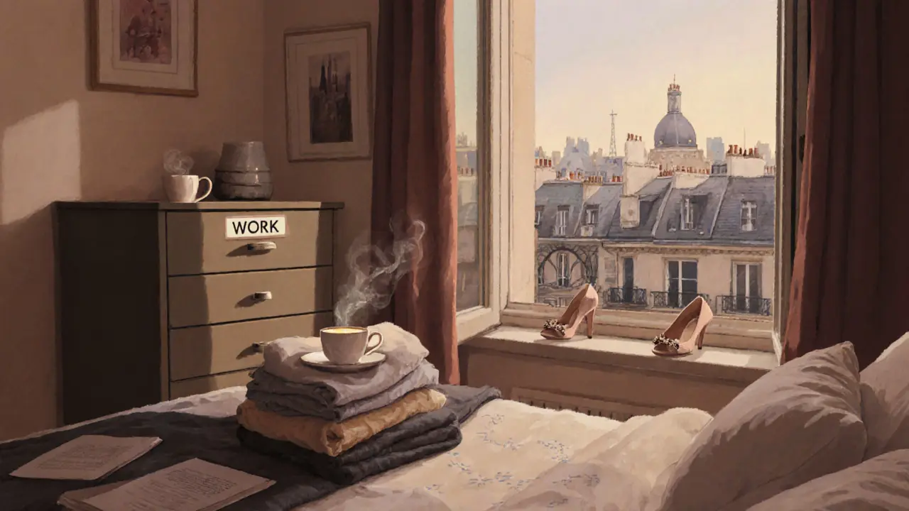 Cozy Paris apartment with work items stored separately, tea on the windowsill, and shoes left outside the bedroom.