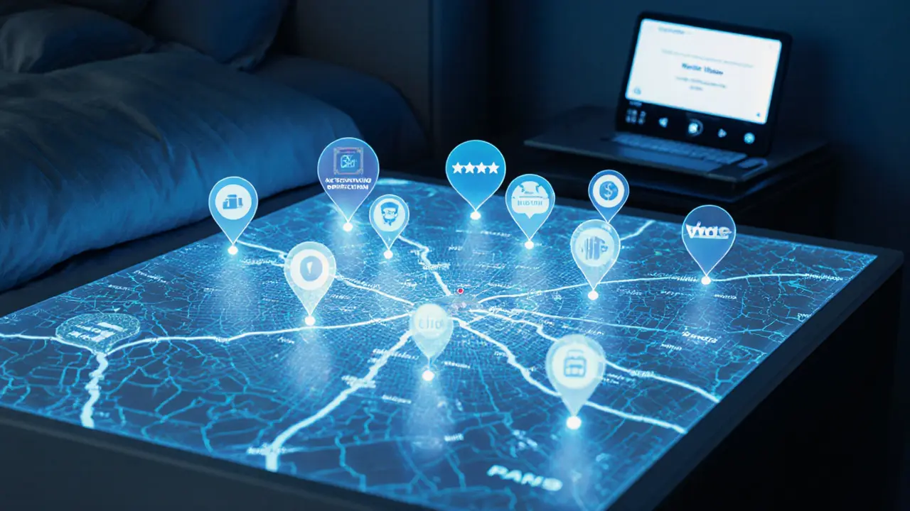 Digital map of Paris with auto-deleting appointment pins and encrypted payment icons floating above a night table.