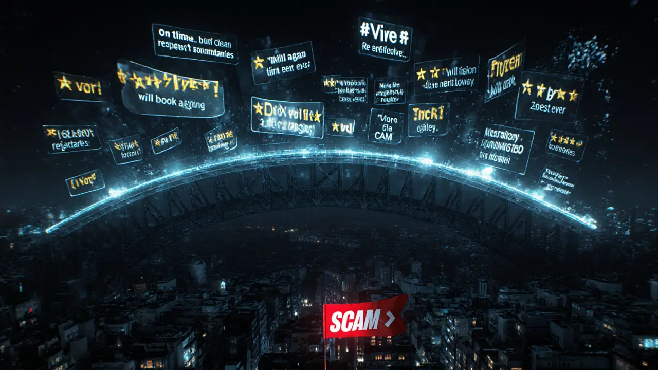 Floating positive review words forming a bridge over a dark city of fake reviews.