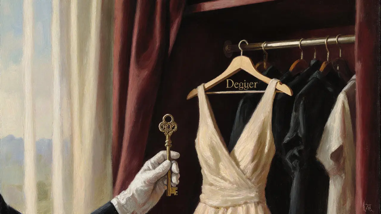 Gloved hands placing a designer dress on a hanger in a luxurious closet filled with couture garments.