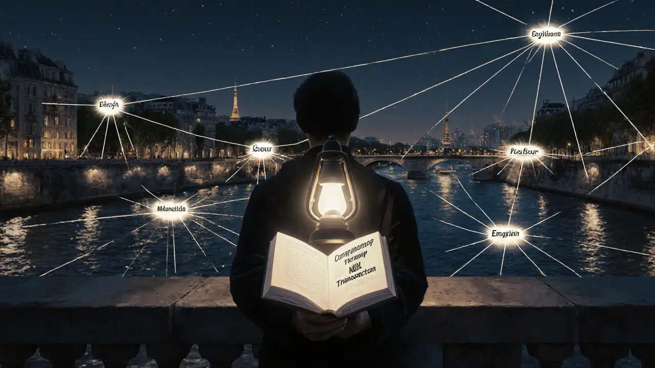 Glowing threads connect global cities to a solitary figure holding a lantern on the Seine at night.