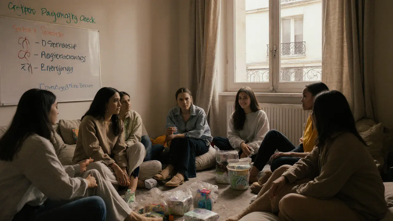 Group of women in a safe cooperative space sharing security protocols and supplies.