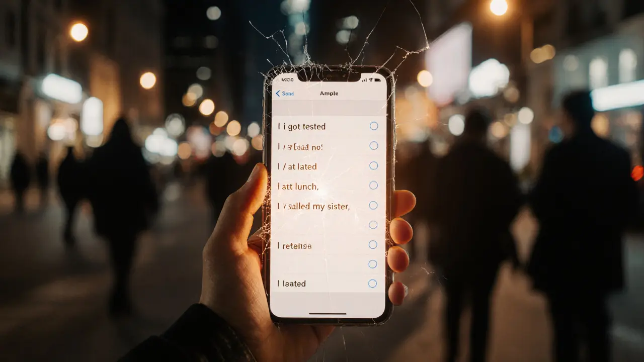Hand holding phone with a list of small proud acts, city lights fading in background.
