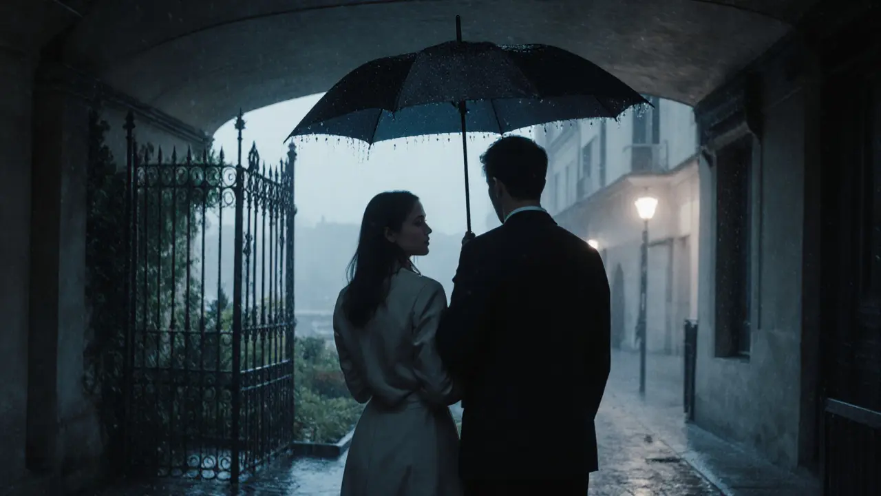 On a rainy Paris street, an escort holds an umbrella over a client as they gaze at a hidden garden, rain glistening on the pavement.