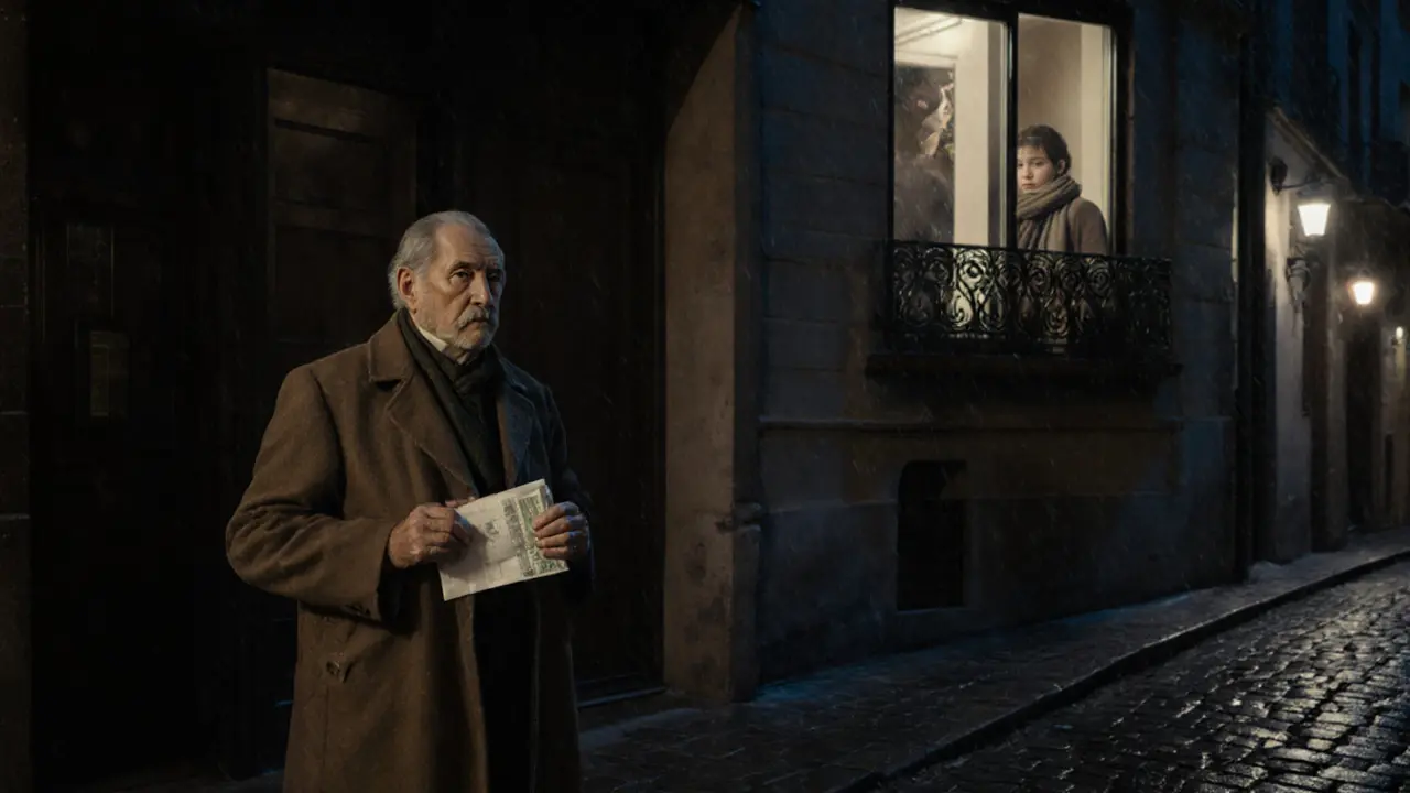 Retired man waiting outside an apartment at night, escorted by a woman watching from above.