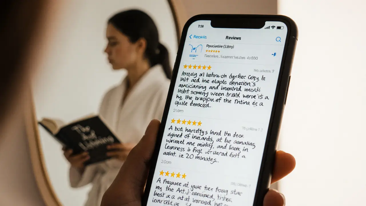 Smartphone screen showing three authentic, varied escort reviews with handwritten text.