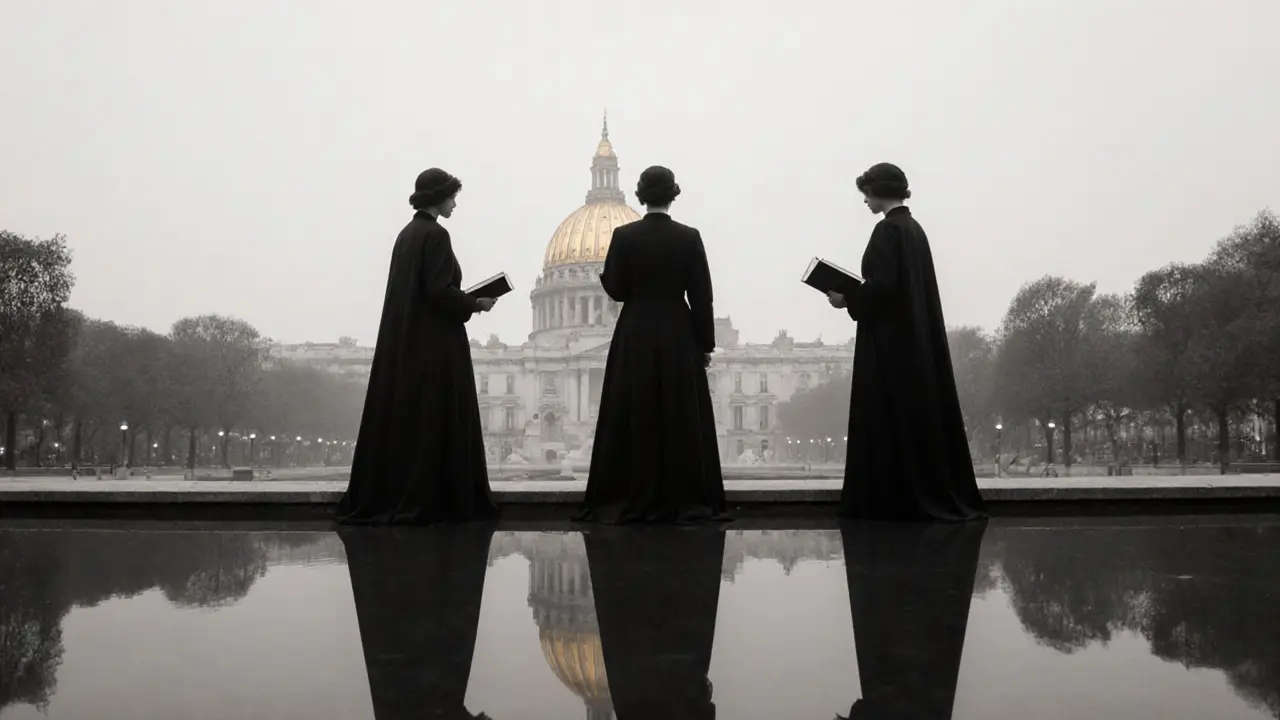 Three anonymous women in vintage dresses stand silently in a misty garden behind the Musée d&#039;Orsay, their reflections visible in a still pond.