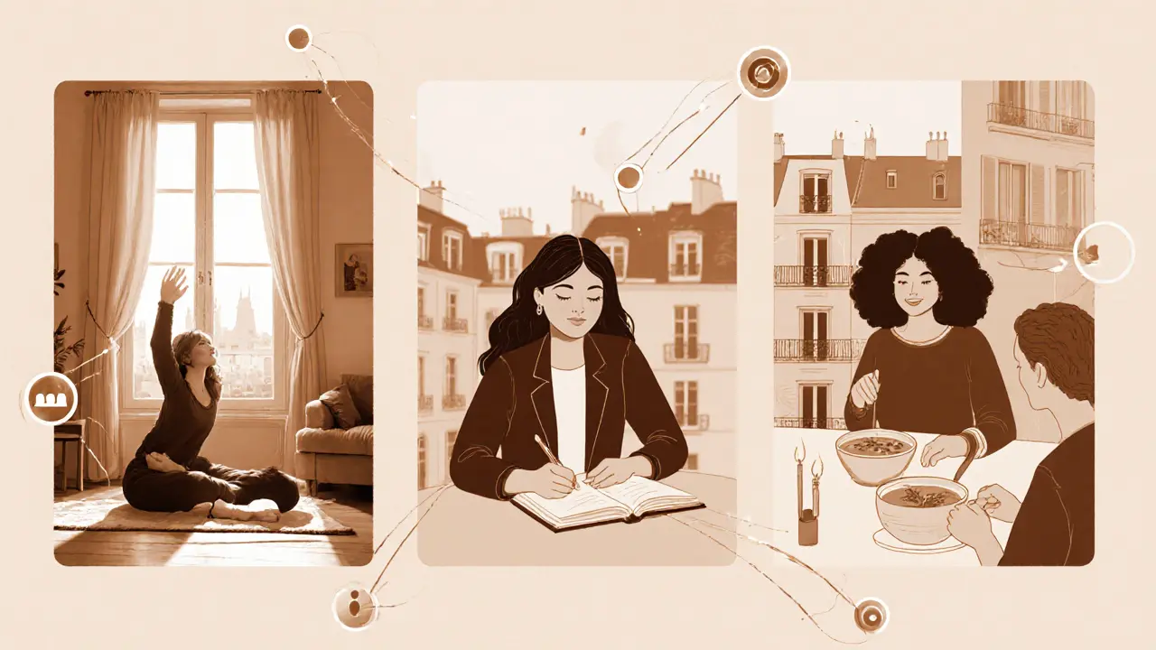 Three sex workers in Paris connected by light, engaged in self-care: stretching, journaling, sharing soup.