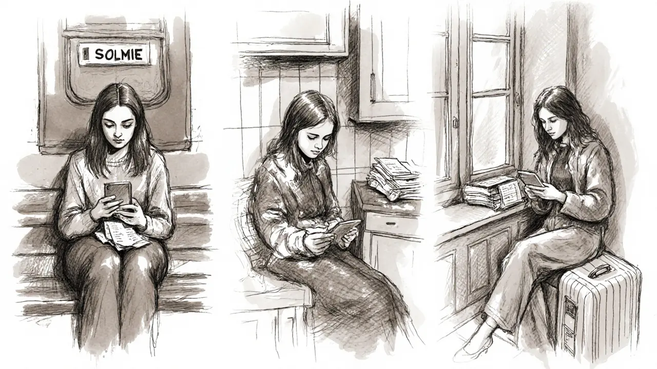 Three women in quiet Parisian moments: reading, texting, staring out windows, their lives rendered in subtle, realistic detail.