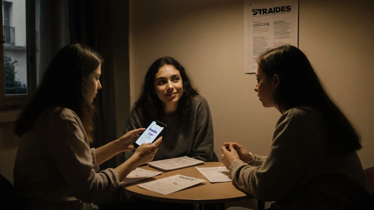 Three women meeting discreetly in a community center, sharing information quietly.