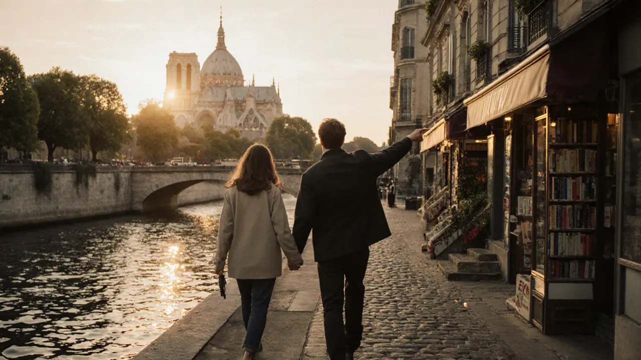 Two people walk along the Seine at sunset, discovering hidden Parisian spots away from tourist crowds.