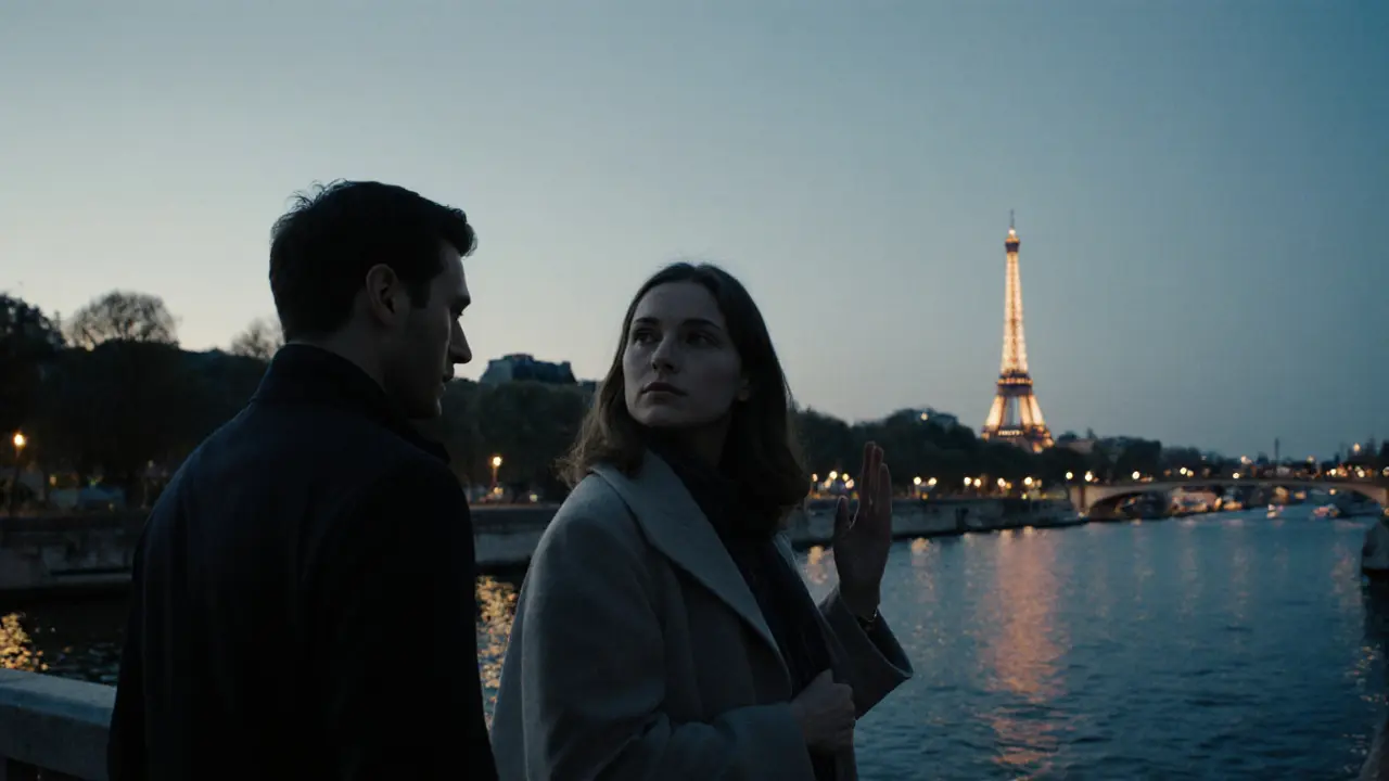 Two people walking peacefully along the Seine River at dusk.