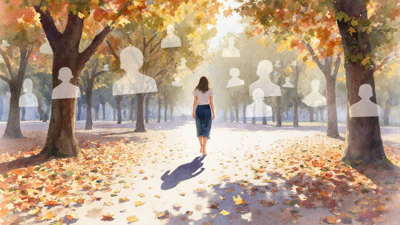 Woman walking barefoot in Luxembourg Gardens, shadows of work fading away as she reconnects with nature.