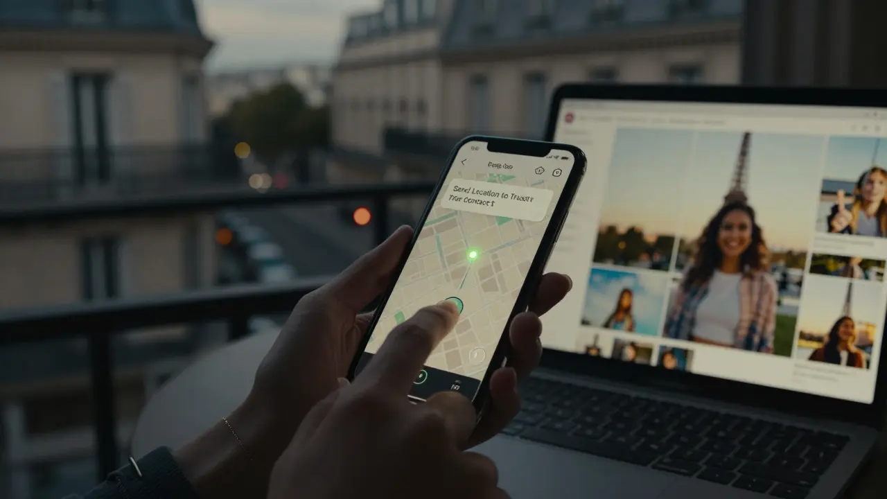 A hand presses a panic button on a smartphone, showing a live GPS location share with trusted contacts against a Parisian dusk backdrop.