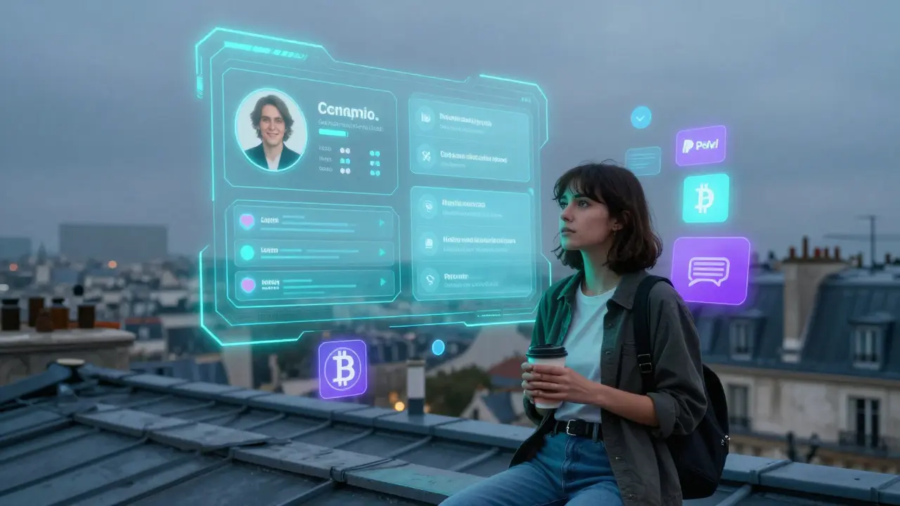 A holographic AI interface hovers above a rooftop in Paris, analyzing client profiles with digital icons of payment and messaging apps.