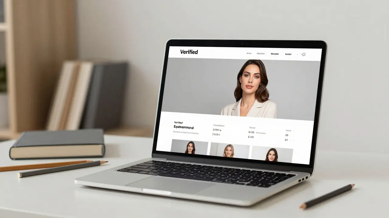 A professional escort&#039;s verified profile on a laptop, showing clear photos and pricing in a serene room.
