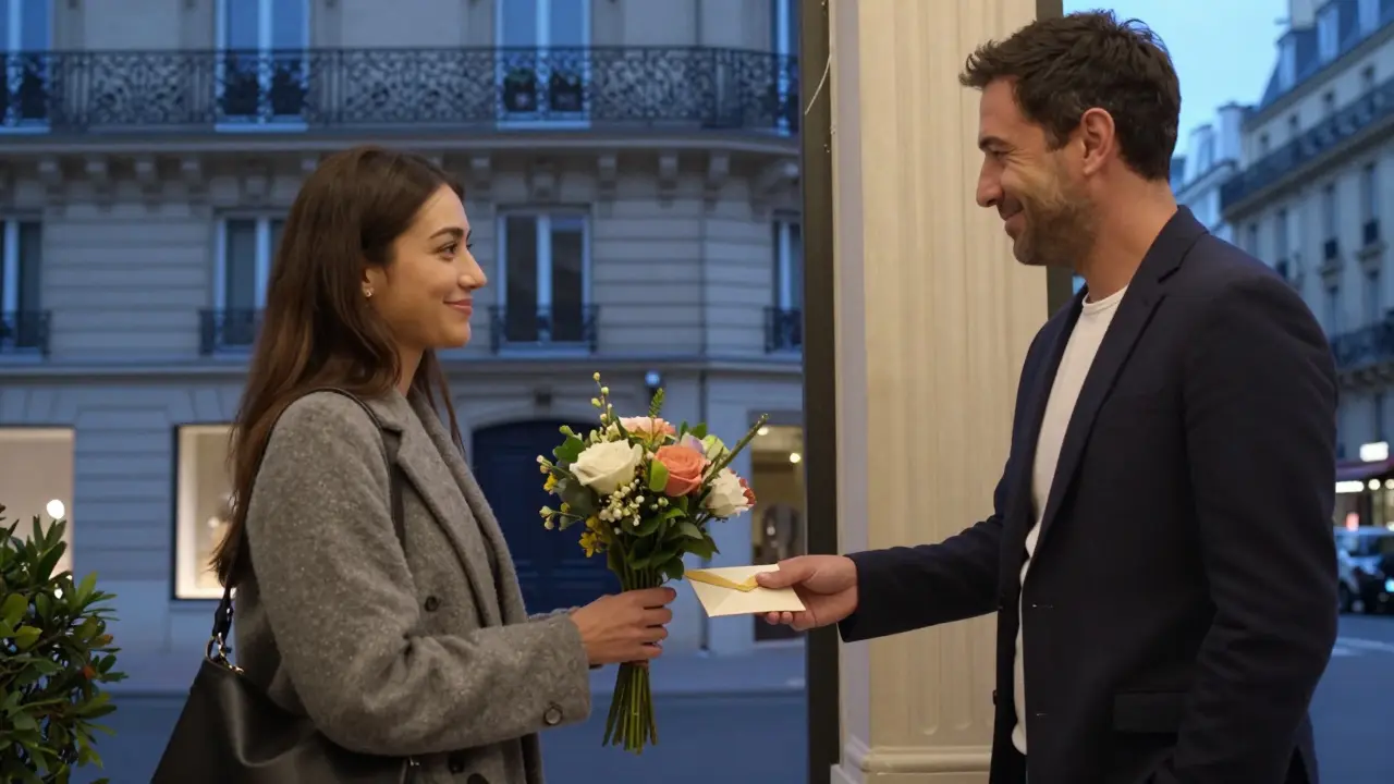 A respectful cash exchange at a Paris hotel lobby at twilight, with a small bouquet of flowers.