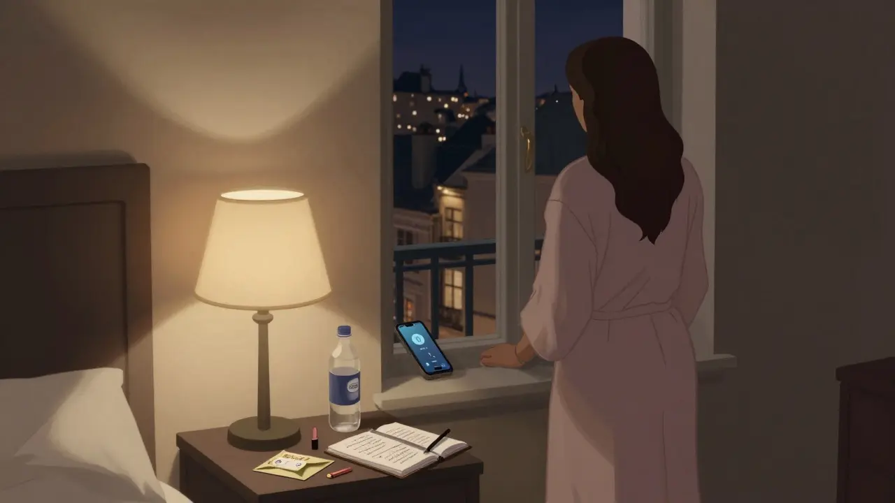 A woman in a hotel room prepares for work, safety app and cash on the nightstand, lit by a single lamp.